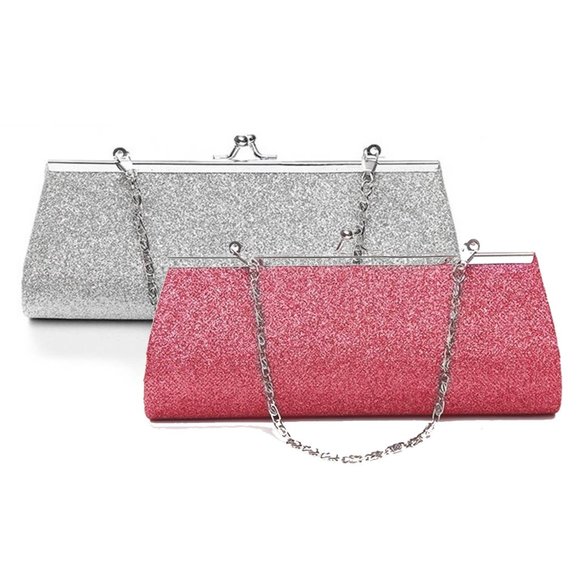 Rose Pink Sparkling Metal Frame Glitter Evening Bag-Wristlet Night Purse Handbag - Picture 2 of 4